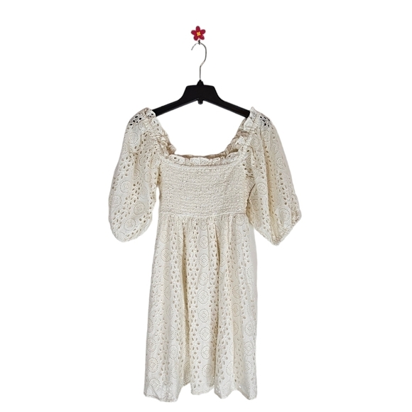 Cleobella Ivory Eyelet Puff Sleeve Cotton Mini Dress Small Cottagecore Preowned - Picture 7 of 8